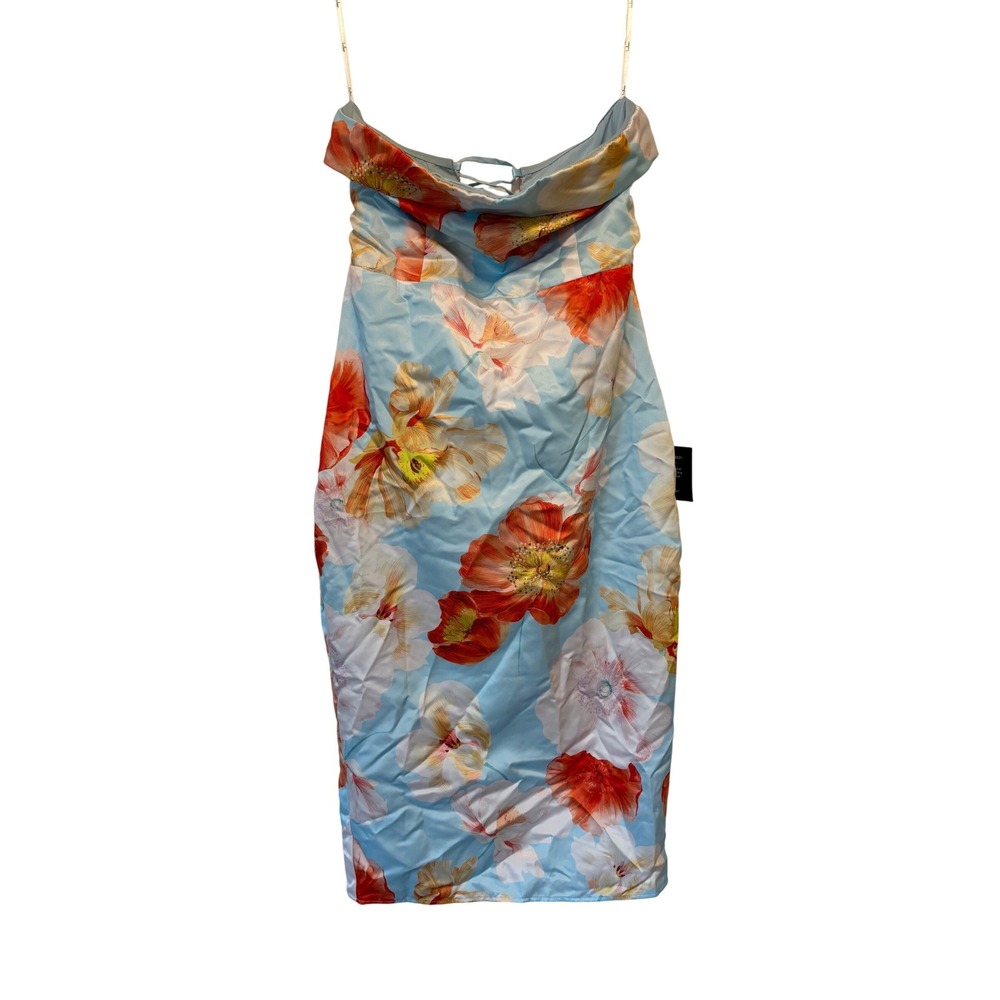 NWT Lulus Oriana Light Blue Floral Satin Strapless Midi Dress Size L - Picture 4 of 7